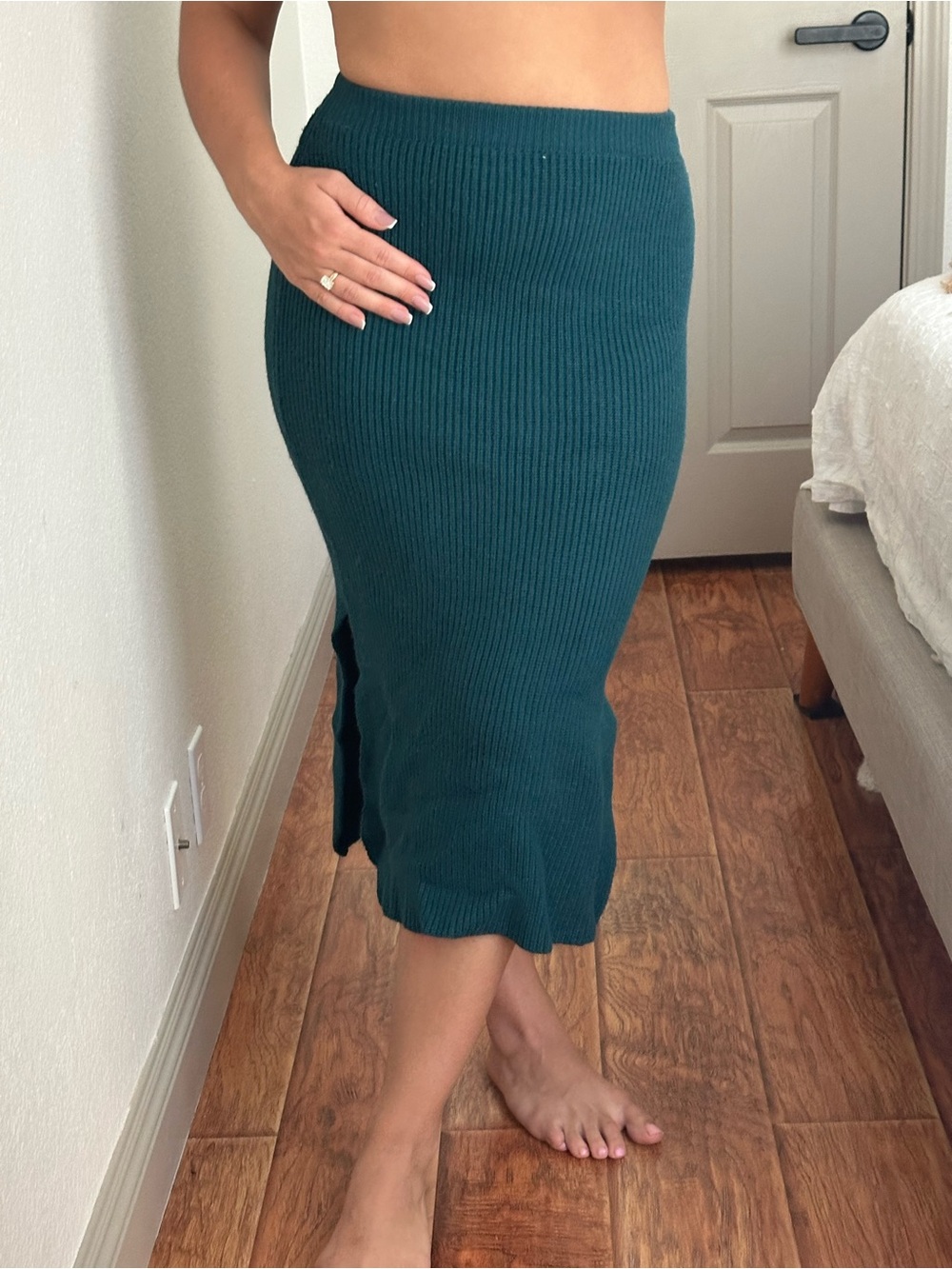 PRINCESS POLLY Ribbed Knit Midi Skirt in Teal